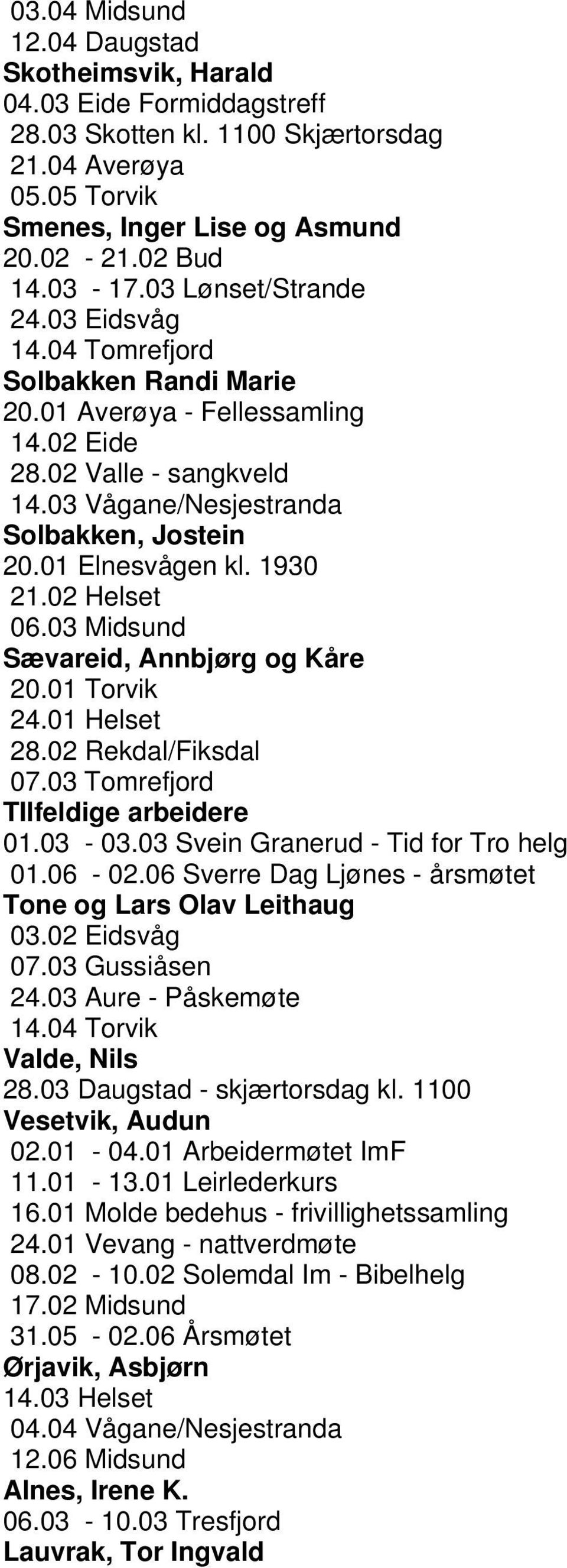 01 Elnesvågen kl. 1930 21.02 Helset 06.03 Midsund Sævareid, Annbjørg og Kåre 20.01 Torvik 24.01 Helset 28.02 Rekdal/Fiksdal 07.03 Tomrefjord TIlfeldige arbeidere 01.03-03.