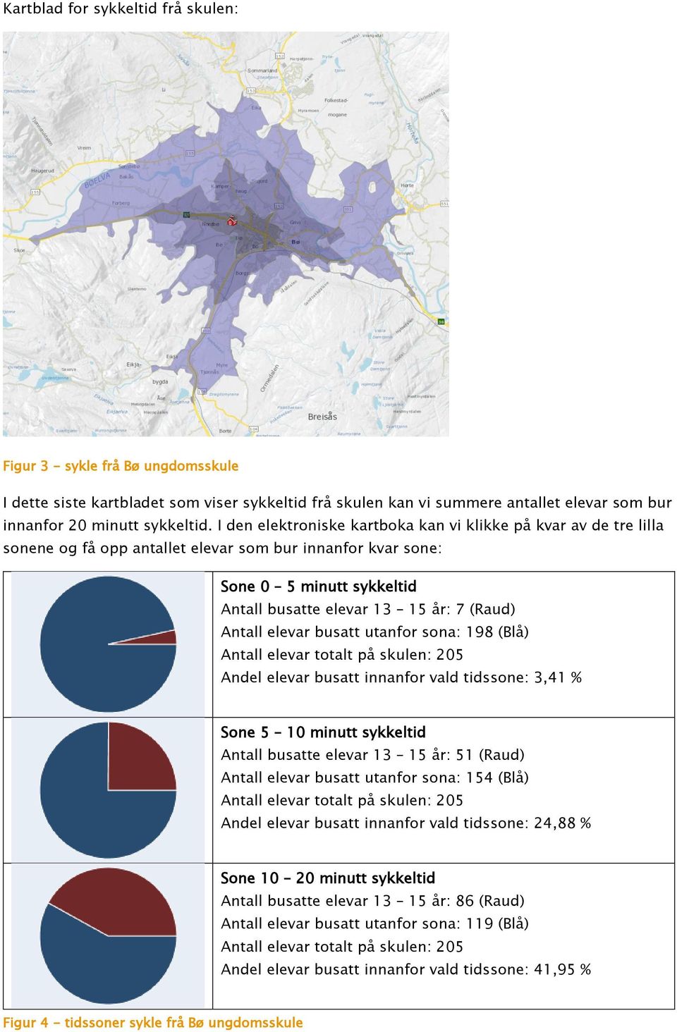 Antall elevar busatt utanfor sona: 198 (Blå) Antall elevar totalt på skulen: 205 Andel elevar busatt innanfor vald tidssone: 3,41 % Sone 5 10 minutt sykkeltid Antall busatte elevar 13 15 år: 51