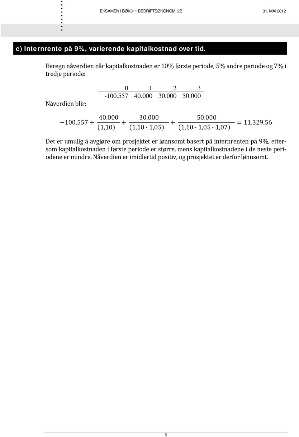 1,05 50000 1,10 1,05 1,07 11329,56 Det er umulig å avgjøre om prosjektet er lønnsomt basert på internrenten på 9%, ettersom kapitalkostnaden i