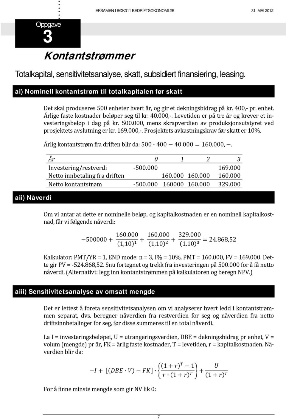 investeringsbeløp i dag på kr 500000, mens skrapverdien av produksjonsutstyret ved prosjektets avslutning er kr 169000, Prosjektets avkastningskrav før skatt er 10% Årlig kontantstrøm fra driften