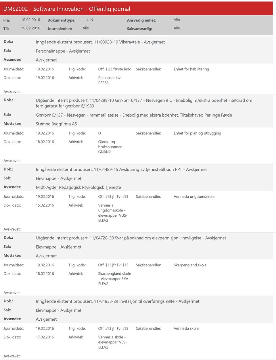 Tiltakshaver: Per Inge Førde Stømne Byggfirma AS Inngående eksternt produsert, 11/04489-15 Avslutning av tjenestetilbud i PPT - Elevmappe - Midt-Agder Pedagogisk Psykologisk Tjeneste ungdomsskole 15.