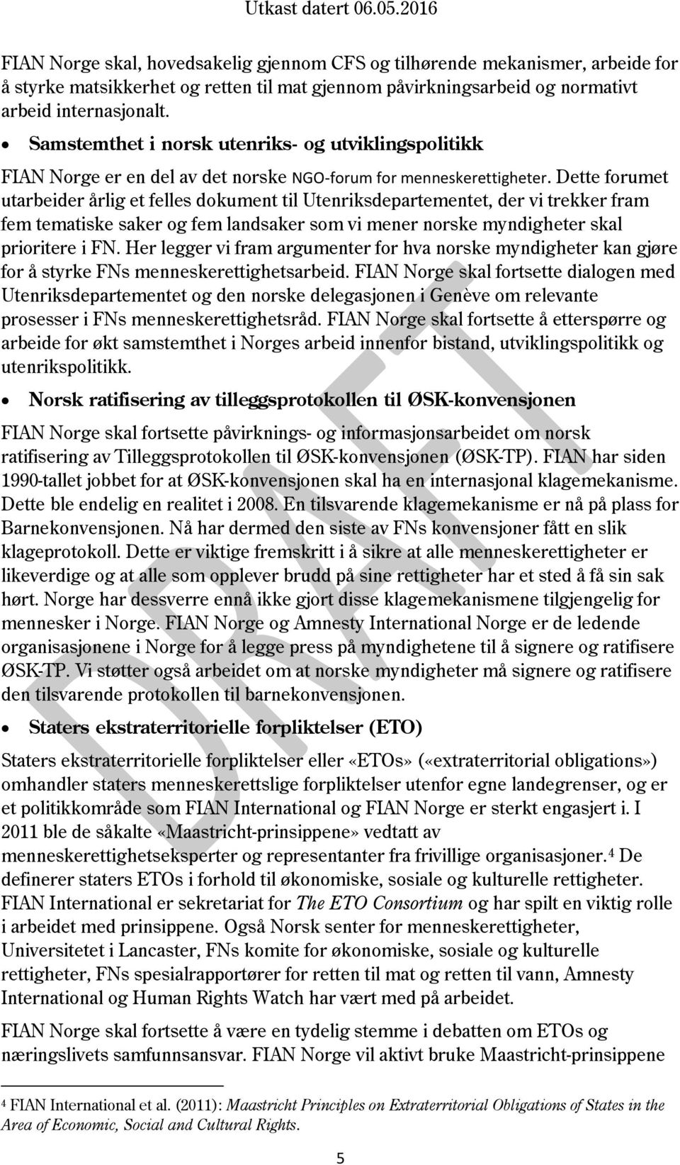 Dette forumet utarbeider årlig et felles dokument til Utenriksdepartementet, der vi trekker fram fem tematiske saker og fem landsaker som vi mener norske myndigheter skal prioritere i FN.