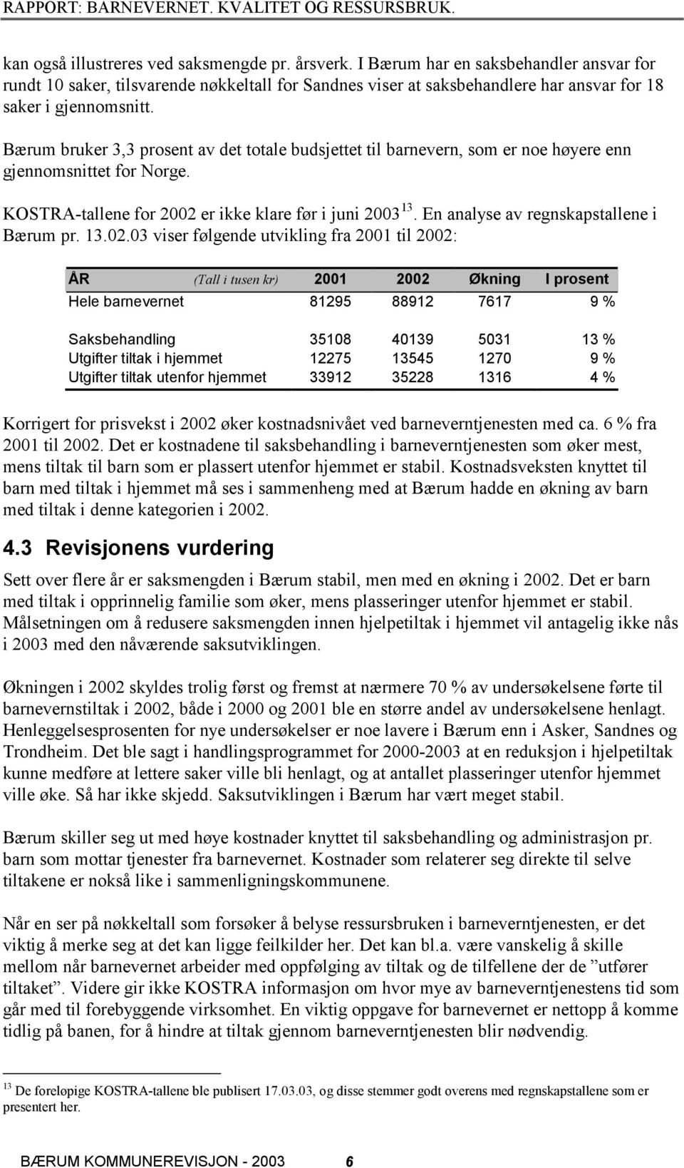 Bærum bruker 3,3 prosent av det totale budsjettet til barnevern, som er noe høyere enn gjennomsnittet for Norge. KOSTRA-tallene for 2002 er ikke klare før i juni 2003 13.