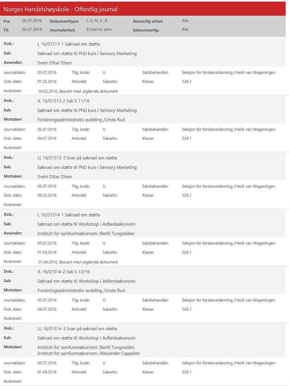 2016, Besvart med utgående dokument X, 16/01513-2 Sak S 11/16 Søknad om støtte til PhD kurs i Sensory Marketing, 16/01513-3 Svar på søknad om støtte Søknad om støtte til PhD kurs i Sensory Marketing