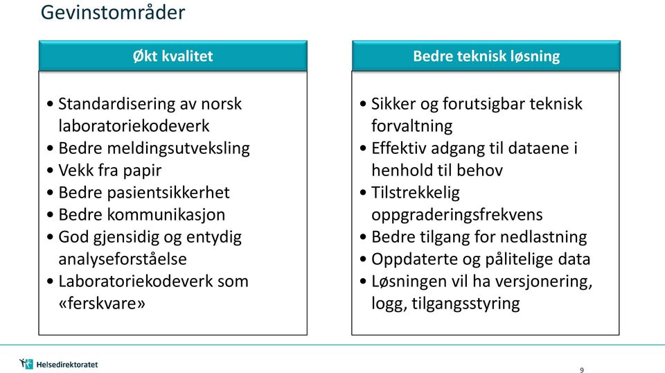 teknisk løsning Sikker og forutsigbar teknisk forvaltning Effektiv adgang til dataene i henhold til behov Tilstrekkelig