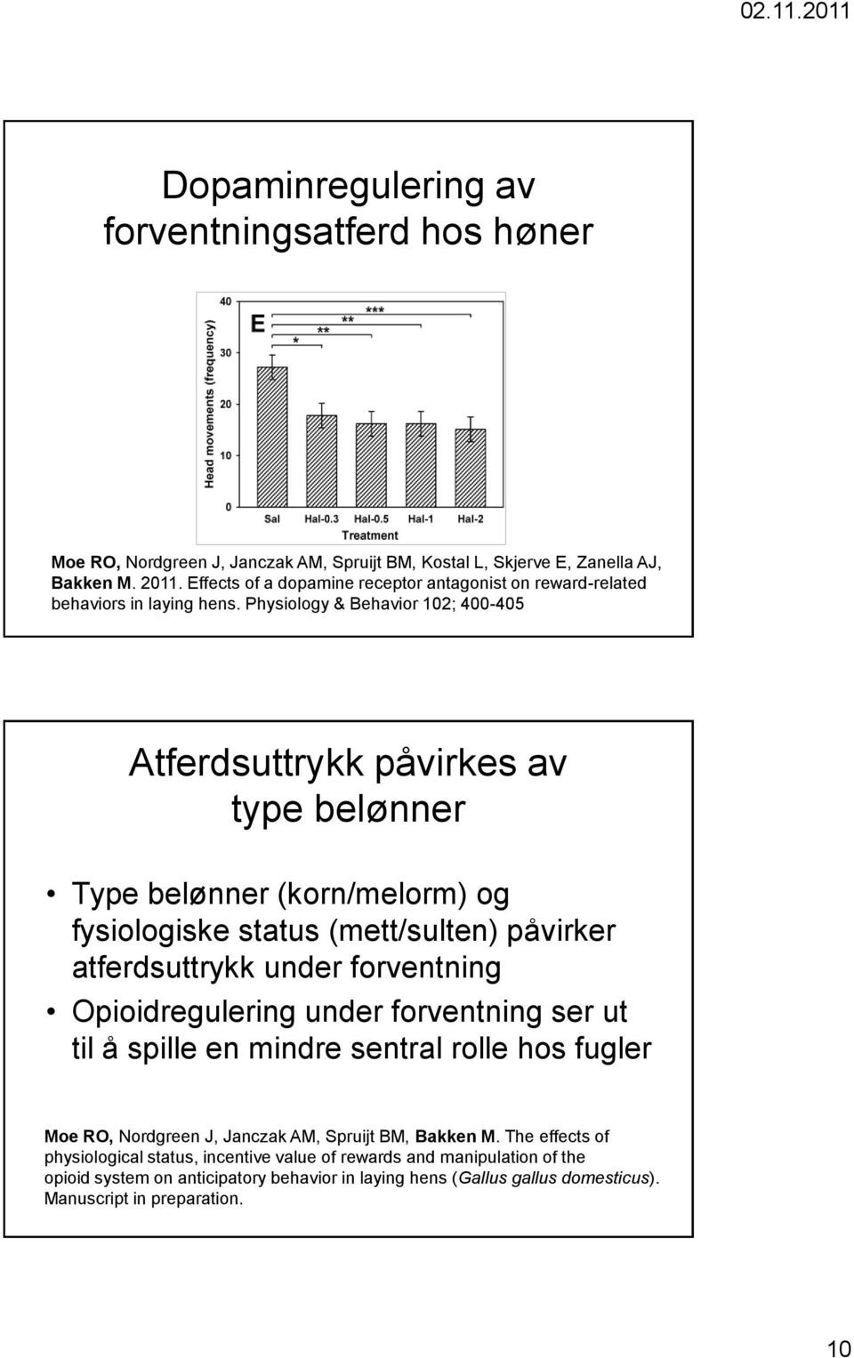 Physiology & Behavior 102; 400-405 Atferdsuttrykk påvirkes av type belønner Type belønner (korn/melorm) og fysiologiske status (mett/sulten) påvirker atferdsuttrykk under forventning