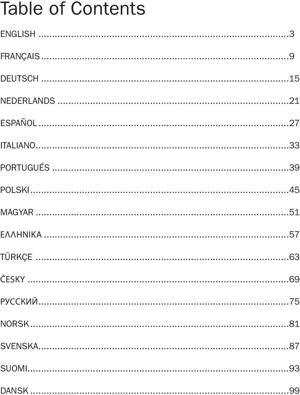 ..39 Polski...45 Magyar...51 ΕΛΛΗΝΙΚΑ...57 Türkçe...63 ČESKY.