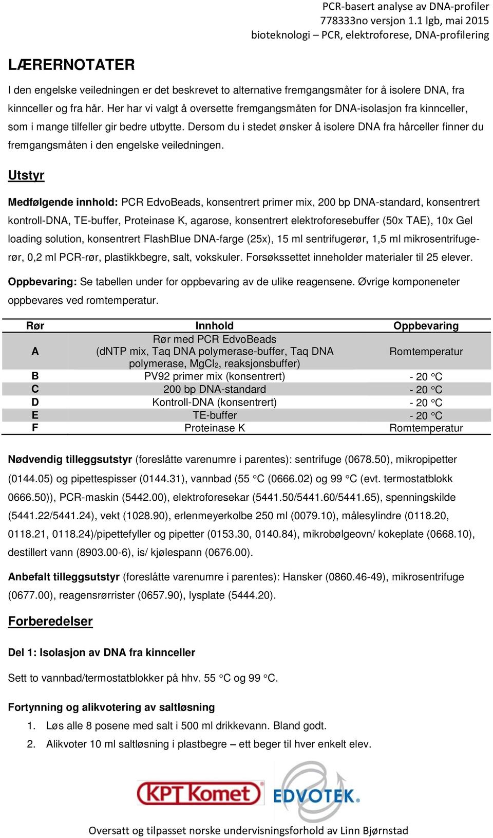 Dersom du i stedet ønsker å isolere DNA fra hårceller finner du fremgangsmåten i den engelske veiledningen.