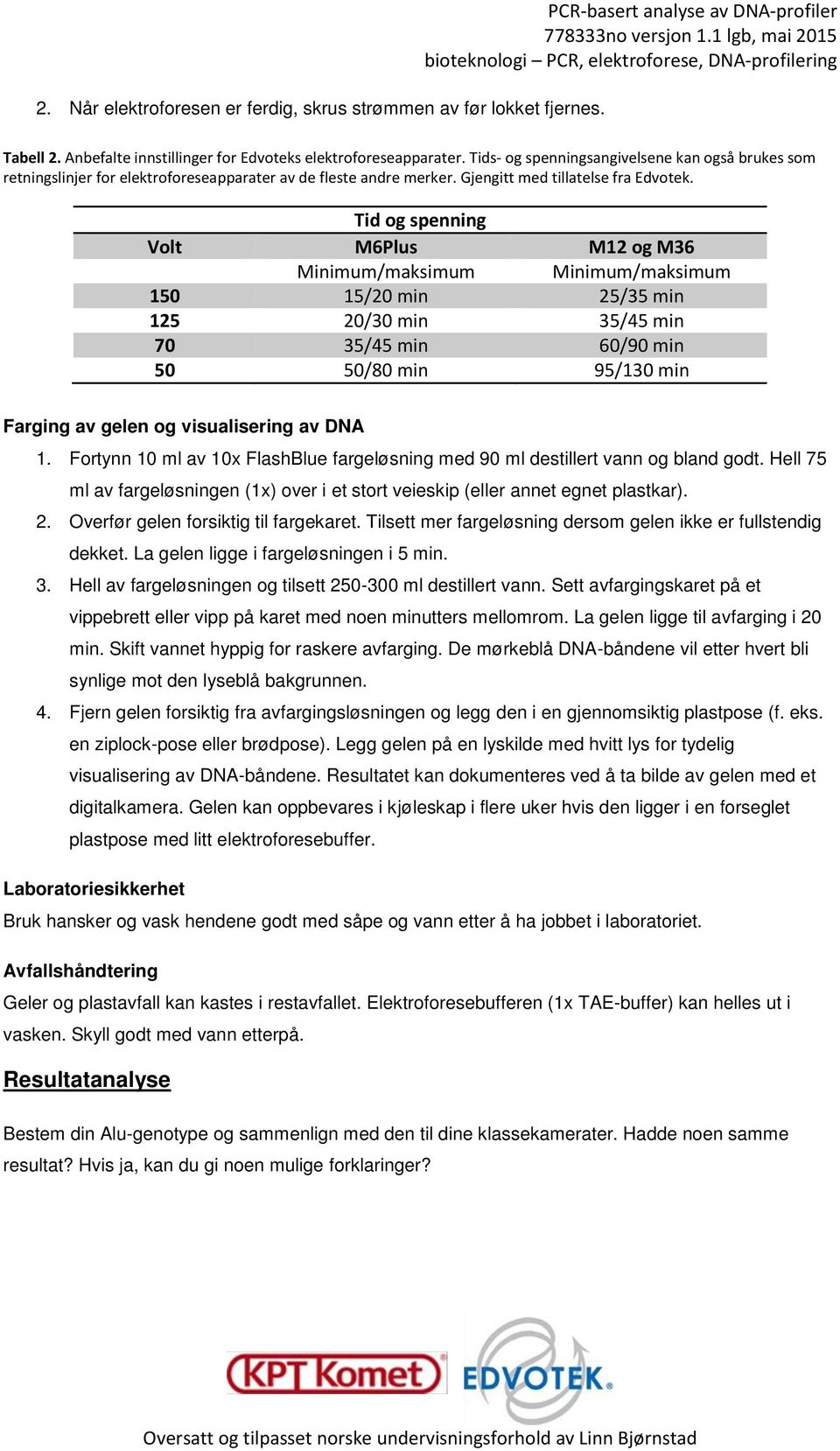 Tid og spenning Volt M6Plus M12 og M36 Minimum/maksimum Minimum/maksimum 150 15/20 min 25/35 min 125 20/30 min 35/45 min 70 35/45 min 60/90 min 50 50/80 min 95/130 min Farging av gelen og