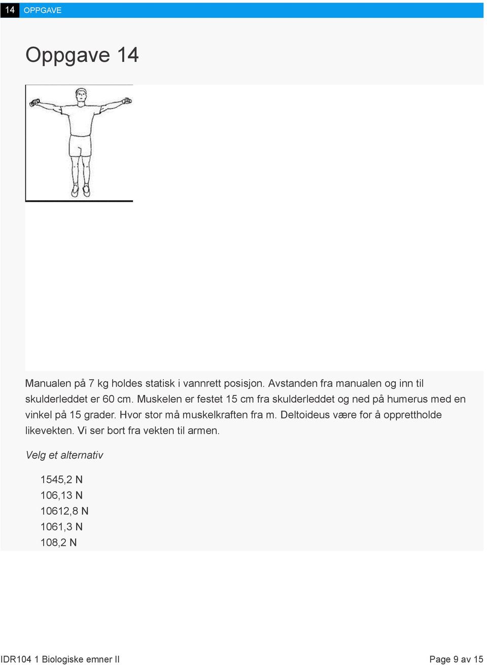 Muskelen er festet 15 cm fra skulderleddet og ned på humerus med en vinkel på 15 grader.