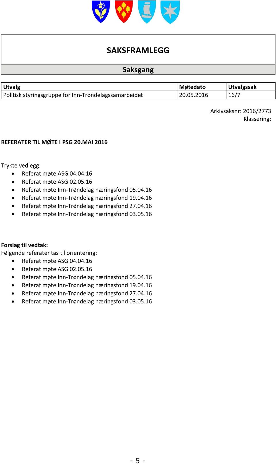 04.16 Referat møte Inn-Trøndelag næringsfond 03.05.16 Forslag til vedtak: Følgende referater tas til orientering: Referat møte ASG 04.04.16 Referat møte ASG 02.05.16 Referat møte Inn-Trøndelag næringsfond 05.