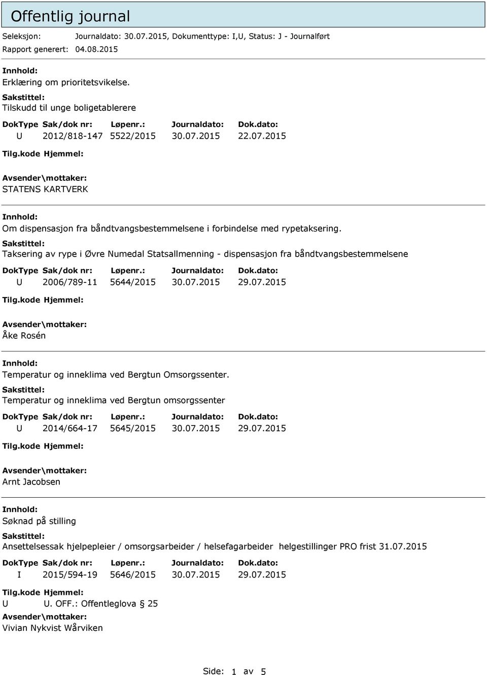 2015 STATENS KARTVERK Om dispensasjon fra båndtvangsbestemmelsene i forbindelse med rypetaksering.