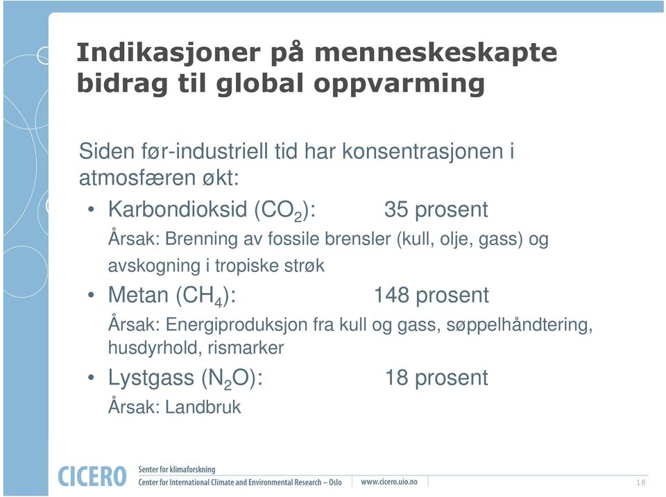 brensler (kull, olje, gass) og avskogning i tropiske strøk Metan (CH 4 ): 148 prosent Årsak: