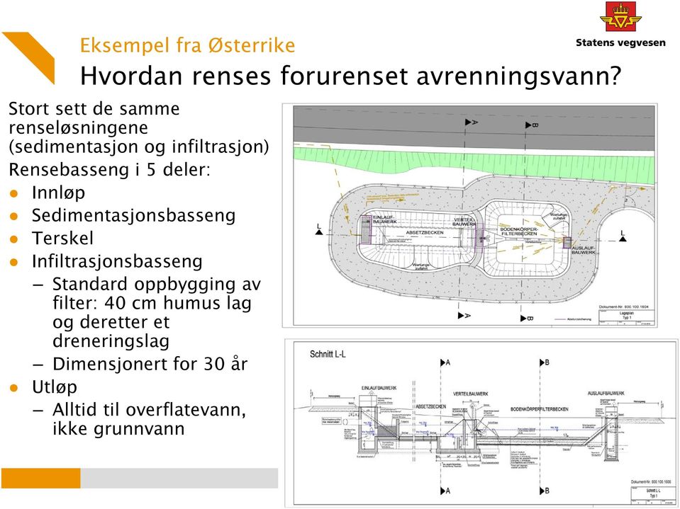 deler: Innløp Sedimentasjonsbasseng Terskel Infiltrasjonsbasseng Standard oppbygging av