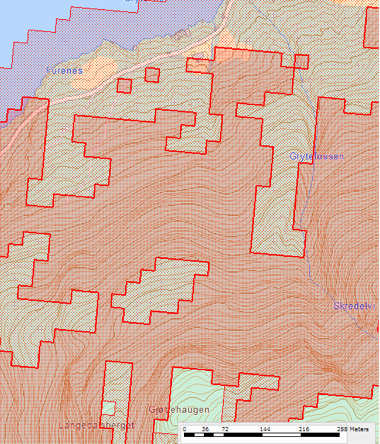 SKREDFAREVURDERING FURENES, GRANVIN HERAD 8 6 Vurdering av skredfare Snøskred I aktsemdskartet for snøskred (www.skrednett.no) ligg planområdet innafor løysneområde for snøskred (Fig. 6).