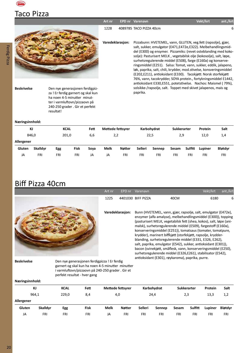 Pizzamiks: (revet osteblanding med kokosolje): Pasturisert MELK, vegetabilsk olje (kokosolje), salt, løpe, surhetsregulerende middel (E508), farge (E160a) og konserveringsmiddel (E251).