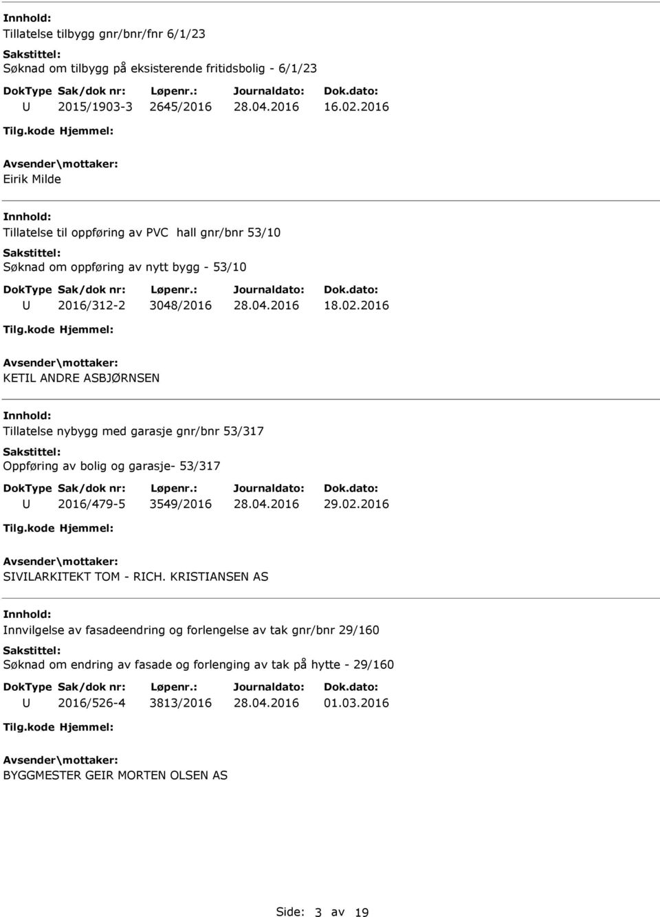 2016 KETL ANDRE ASBJØRNSEN Tillatelse nybygg med garasje gnr/bnr 53/317 Oppføring av bolig og garasje- 53/317 2016/479-5 3549/2016 29.02.