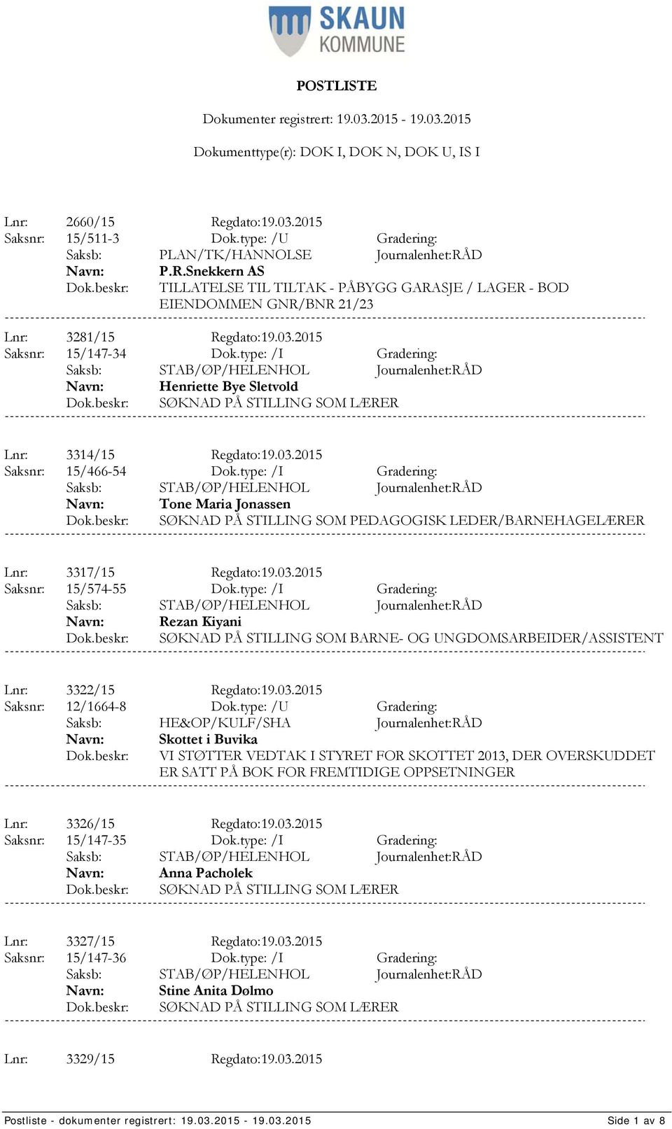 type: /I Gradering: Tone Maria Jonassen SØKNAD PÅ STILLING SOM PEDAGOGISK LEDER/BARNEHAGELÆRER Lnr: 3317/15 Regdato:19.03.2015 Saksnr: 15/574-55 Dok.