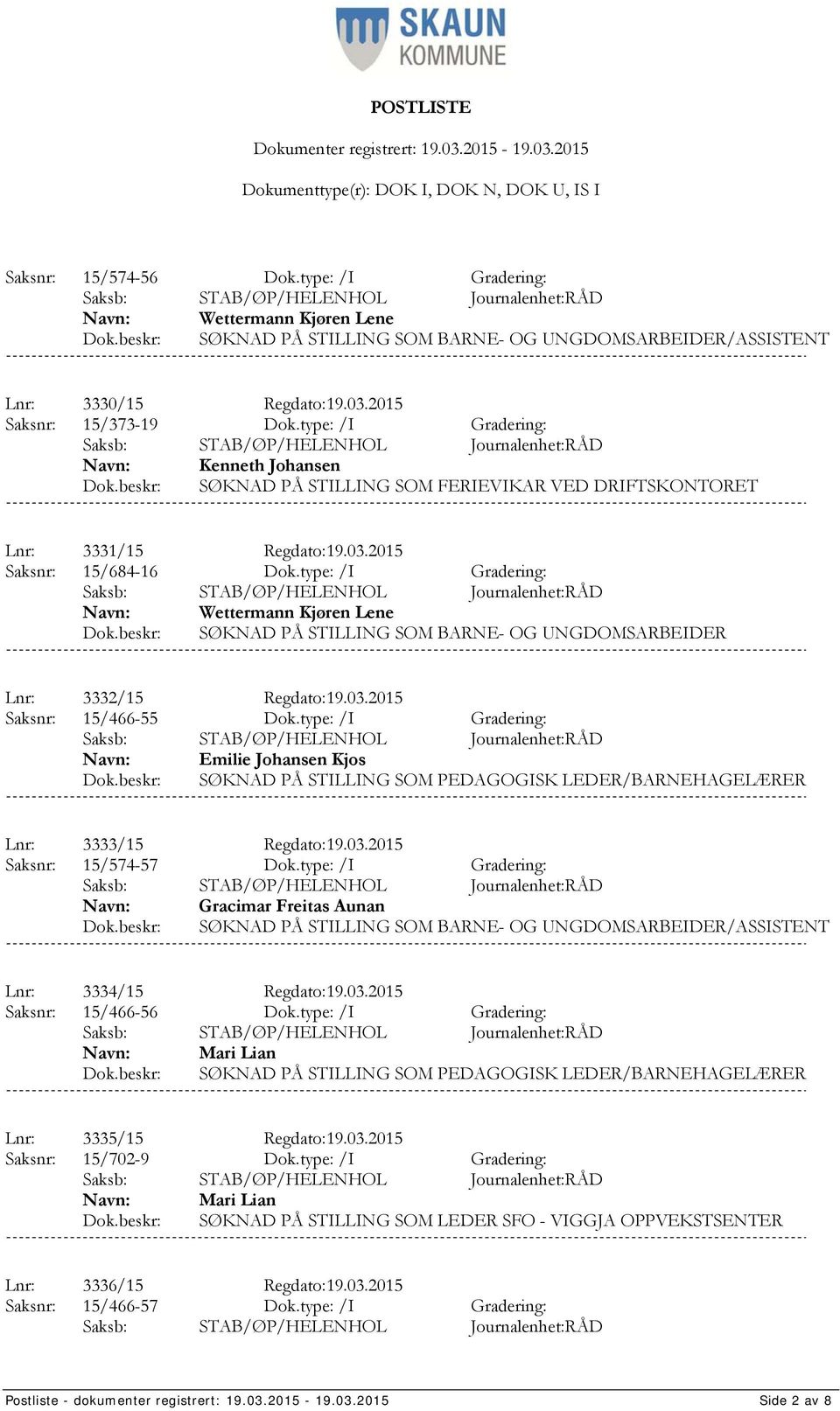 type: /I Gradering: Wettermann Kjøren Lene SØKNAD PÅ STILLING SOM BARNE- OG UNGDOMSARBEIDER Lnr: 3332/15 Regdato:19.03.2015 Saksnr: 15/466-55 Dok.