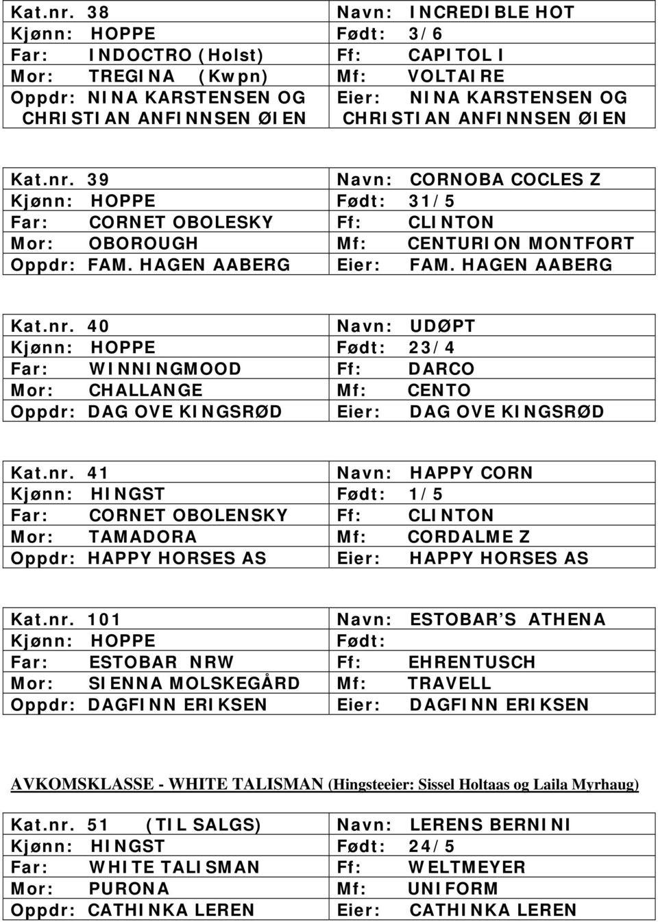 CHRISTIAN ANFINNSEN ØIEN  39 Navn: CORNOBA COCLES Z Kjønn: HOPPE Født: 31/5 Far: CORNET OBOLESKY Ff: CLINTON Mor: OBOROUGH Mf: CENTURION MONTFORT Oppdr: FAM. HAGEN AABERG Eier: FAM.