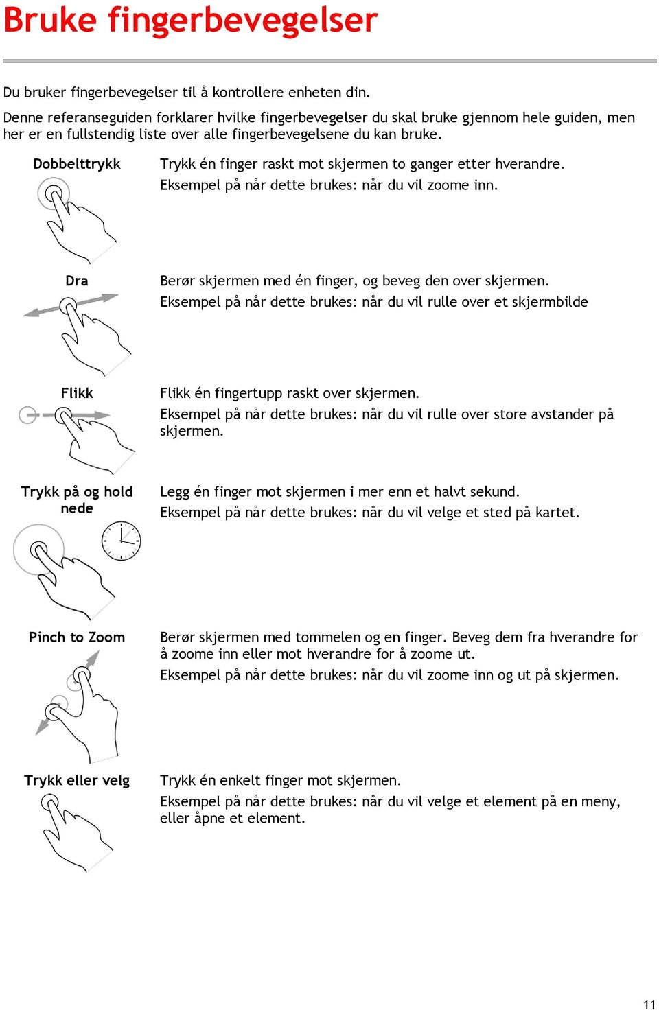 Dobbelttrykk Trykk én finger raskt mot skjermen to ganger etter hverandre. Eksempel på når dette brukes: når du vil zoome inn. Dra Berør skjermen med én finger, og beveg den over skjermen.