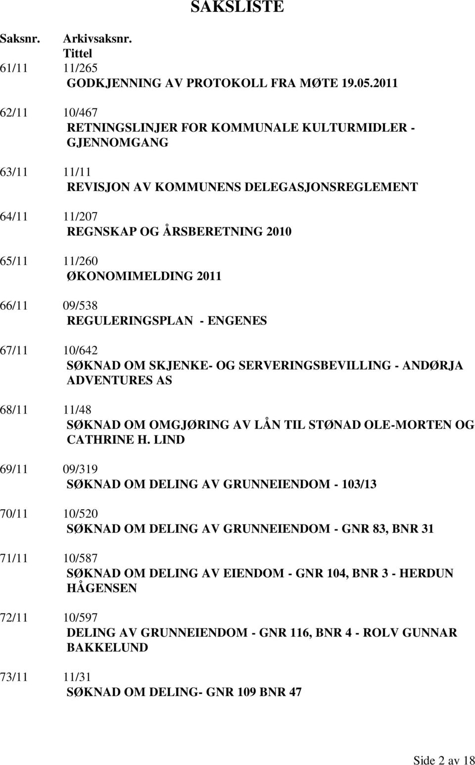 2011 66/11 09/538 REGULERINGSPLAN - ENGENES 67/11 10/642 SØKNAD OM SKJENKE- OG SERVERINGSBEVILLING - ANDØRJA ADVENTURES AS 68/11 11/48 SØKNAD OM OMGJØRING AV LÅN TIL STØNAD OLE-MORTEN OG CATHRINE H.