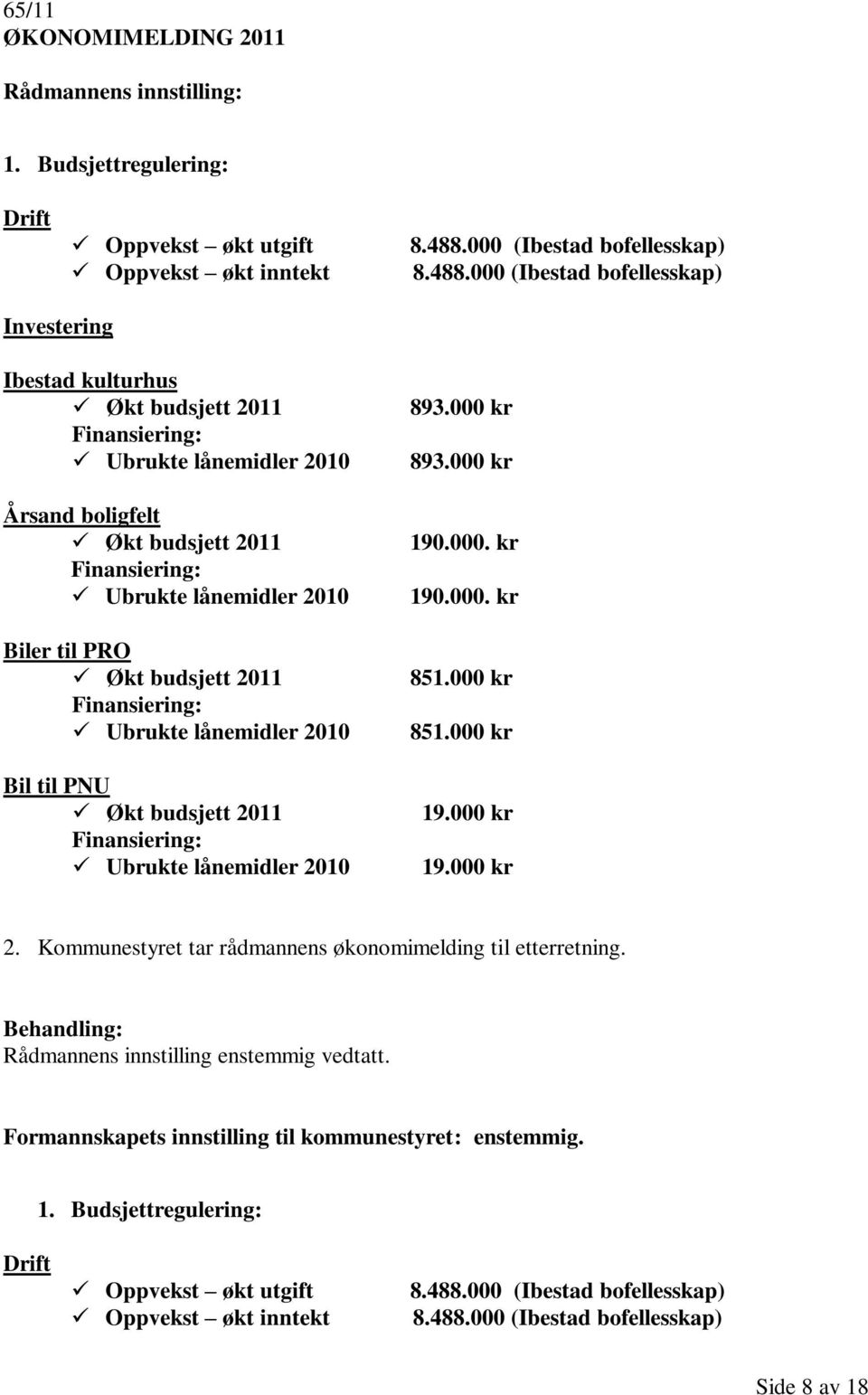 000 (Ibestad bofellesskap) Investering Ibestad kulturhus Økt budsjett 2011 Finansiering: Ubrukte lånemidler 2010 Årsand boligfelt Økt budsjett 2011 Finansiering: Ubrukte lånemidler 2010 Biler til PRO