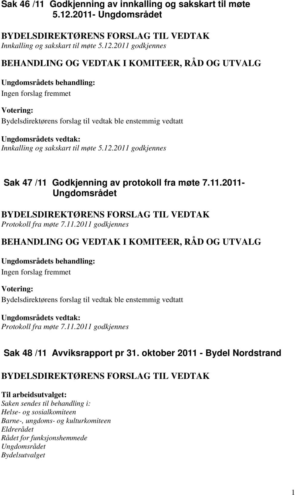 2011 godkjennes Ungdomsrådets behandling: Ingen forslag fremmet Bydelsdirektørens forslag til vedtak ble enstemmig vedtatt Ungdomsrådets vedtak: Innkalling og sakskart til møte 5.12.