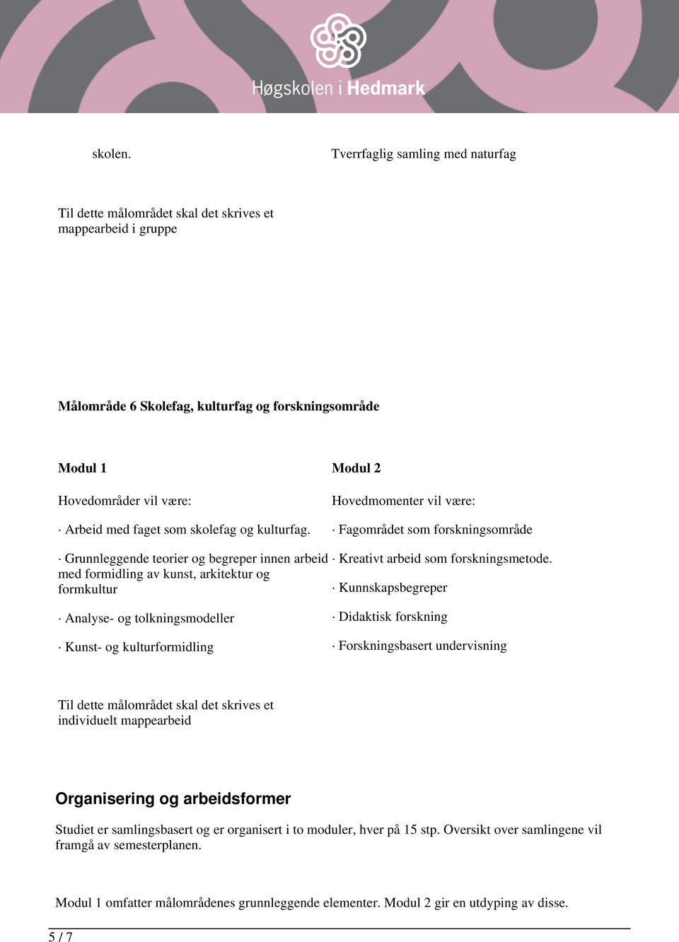 Kunnskapsbegreper Analyse- og tolkningsmodeller Kunst- og kulturformidling Didaktisk forskning Forskningsbasert undervisning individuelt mappearbeid Organisering og arbeidsformer Studiet