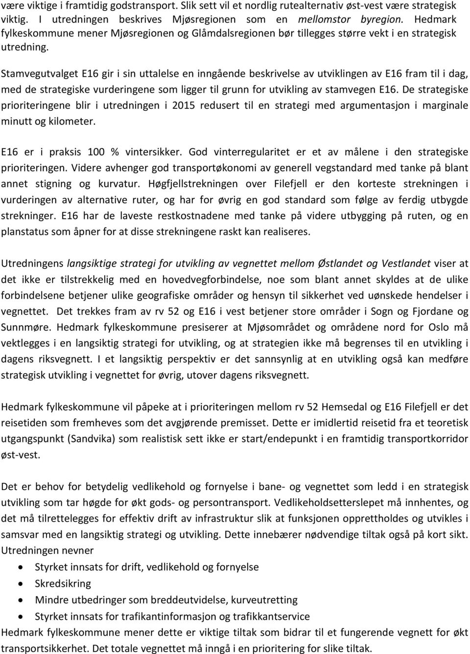 Stamvegutvalget E16 gir i sin uttalelse en inngående beskrivelse av utviklingen av E16 fram til i dag, med de strategiske vurderingene som ligger til grunn for utvikling av stamvegen E16.