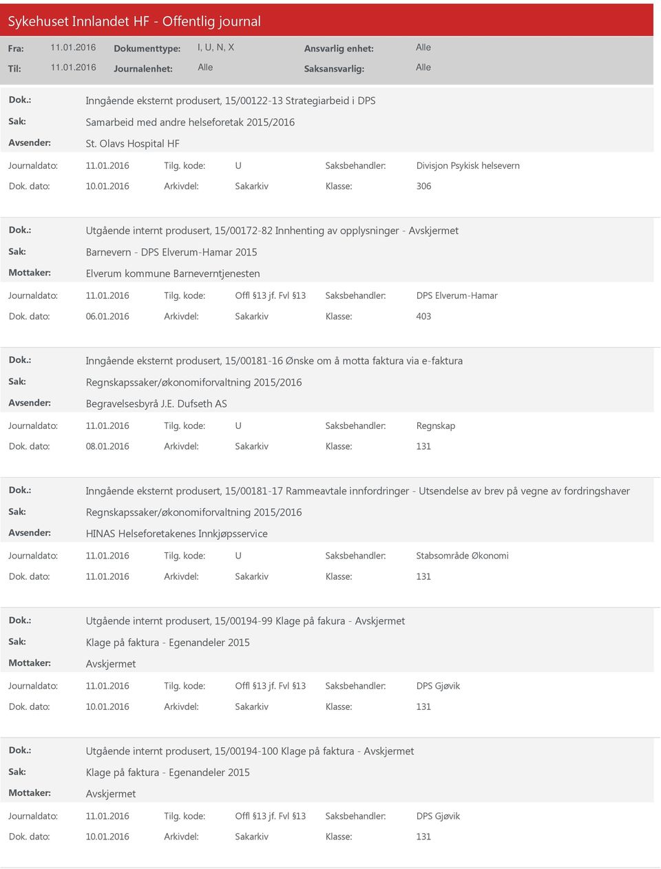 /2016 St. Olavs Hospital HF Divisjon Psykisk helsevern Dok. dato: 10.01.2016 Arkivdel: Sakarkiv 306 tgående internt produsert, 15/00172-82 Innhenting av opplysninger - Barnevern - DPS Elverum-Hamar 2015 Elverum kommune Barneverntjenesten DPS Elverum-Hamar Dok.