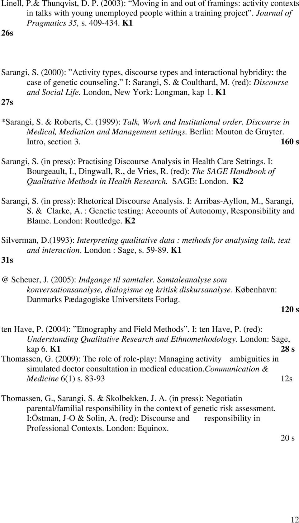 London, New York: Longman, kap 1. K1 27s *Sarangi, S. & Roberts, C. (1999): Talk, Work and Institutional order. Discourse in Medical, Mediation and Management settings. Berlin: Mouton de Gruyter.