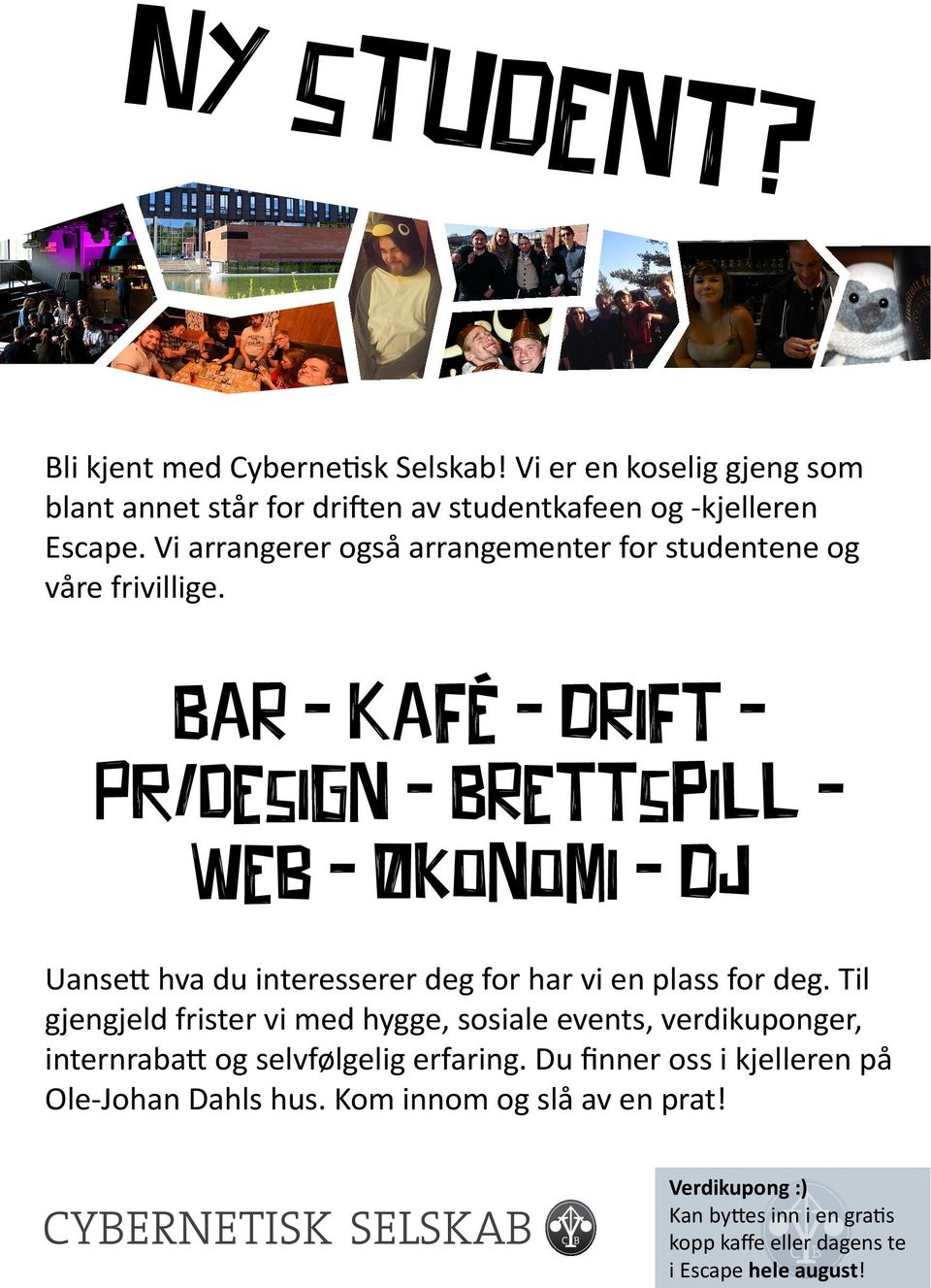 Bar - Kafé - Drift PR/design - Brettspill Web - Økonomi - DJ Uansett hva du interesserer deg for har vi en plass for deg.