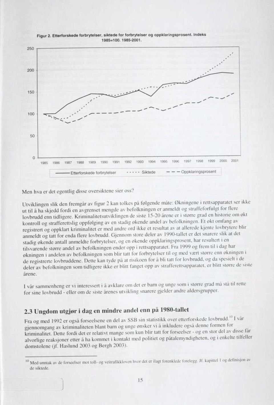 Utviklingen slik den fremgår av figur 2 kan tolkes på følgende måte: Økningene i rettsapparatet ser ikke ut til å ha skjedd fordi en avgrenset mengde av befolkningen er anmeldt og straffeforfulgt for