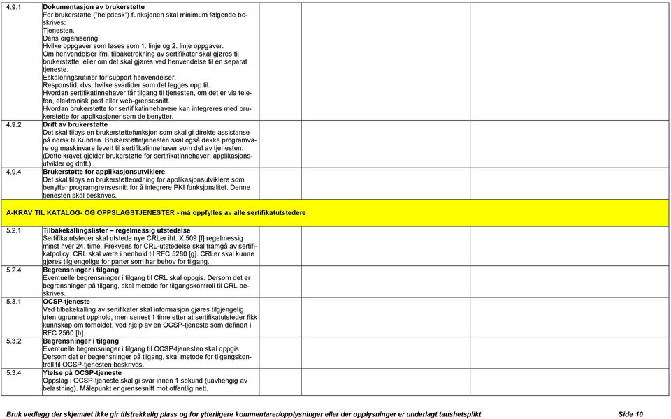 Responstid; dvs. hvilke svartider som det legges opp til. Hvordan sertifikatinnehaver får tilgang til tjenesten, om det er via telefon, elektronisk post eller web-grensesnitt.