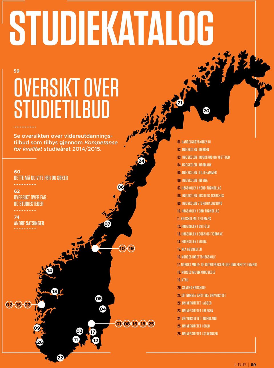 HØGSKOLEN I BERGEN 03. HØGSKOLEN I BUSKERUD OG VESTFOLD 04. HØGSKOLEN I HEDMARK 05. HØGSKOLEN I LILLEHAMMER 06. HØGSKOLEN I NESNA 07. HØGSKOLEN I NORD-TRØNDELAG 08. HØGSKOLEN I OSLO OG AKERSHUS 09.