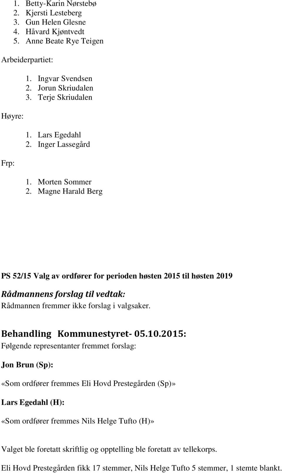 Magne Harald Berg PS 52/15 Valg av ordfører for perioden høsten 2015 til høsten 2019 Rådmannen fremmer ikke forslag i valgsaker.