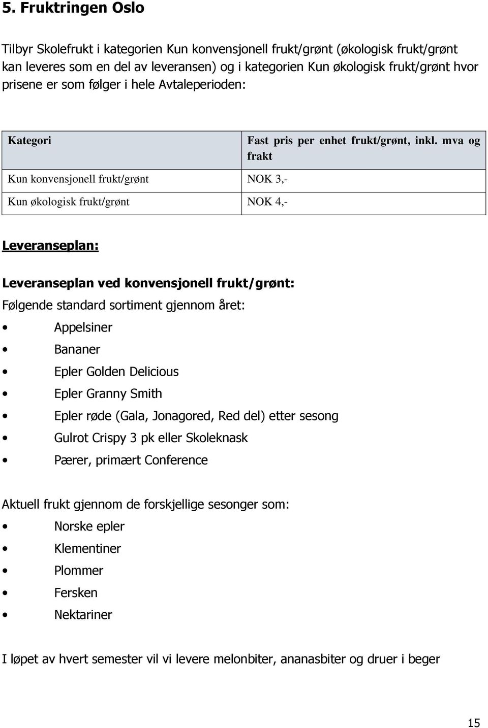 mva og frakt Kun konvensjonell frukt/grønt NOK 3,- Kun økologisk frukt/grønt NOK 4,- Leveranseplan: Leveranseplan ved konvensjonell frukt/grønt: Følgende standard sortiment gjennom året: Appelsiner