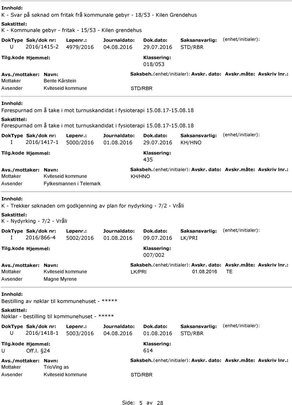 17-15.08.18 Førespurnad om å take i mot turnuskandidat i fysioterapi 15.08.17-15.08.18 2016/1417-1 5000/2016 29.07.2016 KH/HNO 435 vs./mottaker: Navn: Saksbeh. vskr. dato: vskr.måte: vskriv lnr.