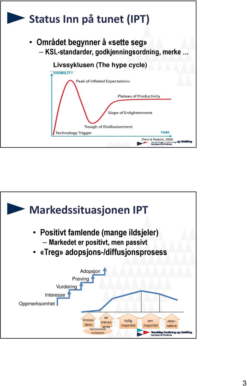 ildsjeler) Markedet er positivt, men passivt «Treg» adopsjons-/diffusjonsprosess Adopsjon Prøving Vurdering