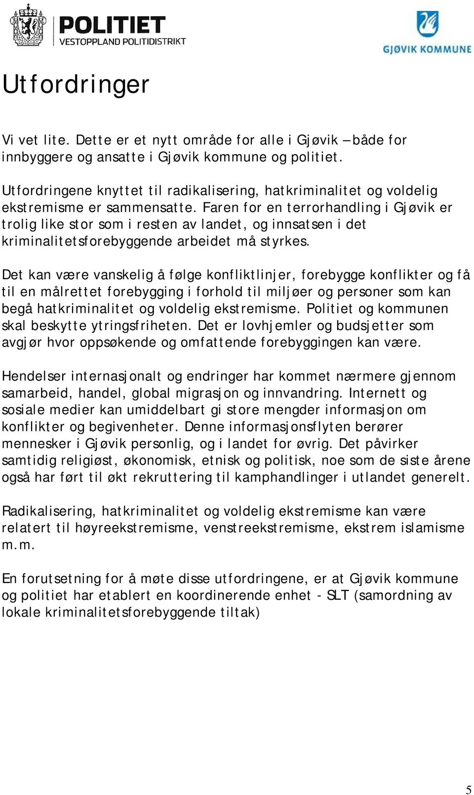 Faren for en terrorhandling i Gjøvik er trolig like stor som i resten av landet, og innsatsen i det kriminalitetsforebyggende arbeidet må styrkes.