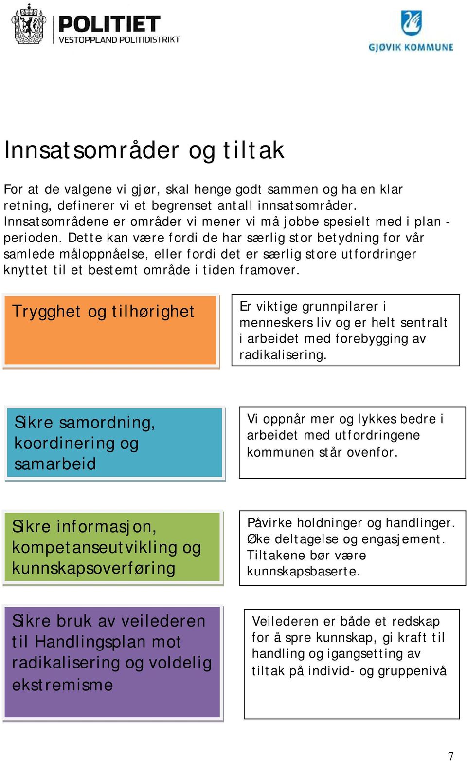 Dette kan være fordi de har særlig stor betydning for vår samlede måloppnåelse, eller fordi det er særlig store utfordringer knyttet til et bestemt område i tiden framover.