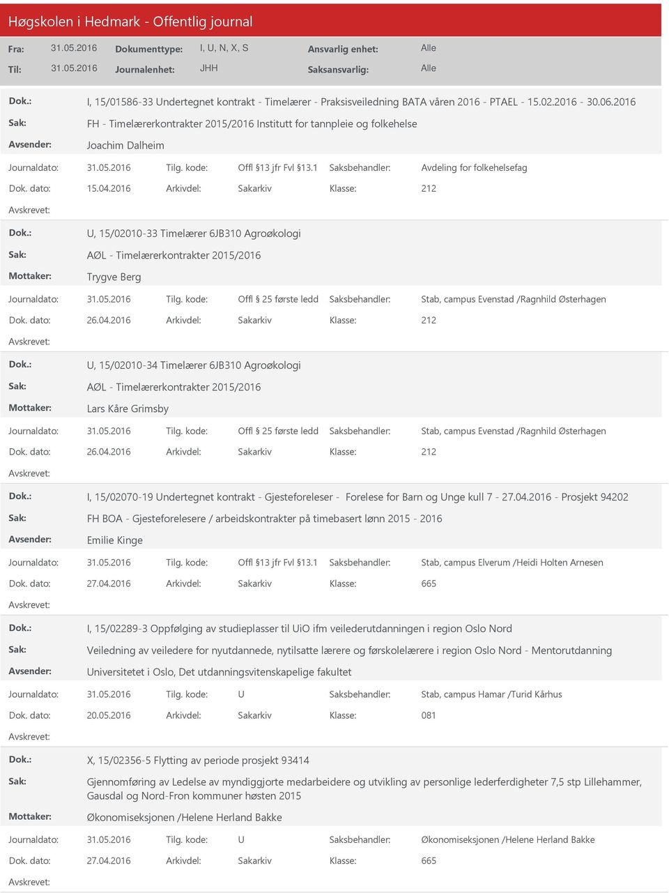 2016 Arkivdel: Sakarkiv, 15/02010-33 Timelærer 6JB310 Agroøkologi AØL - Timelærerkontrakter 2015/2016 Trygve Berg Stab, campus Evenstad /Ragnhild Østerhagen, 15/02010-34 Timelærer 6JB310 Agroøkologi