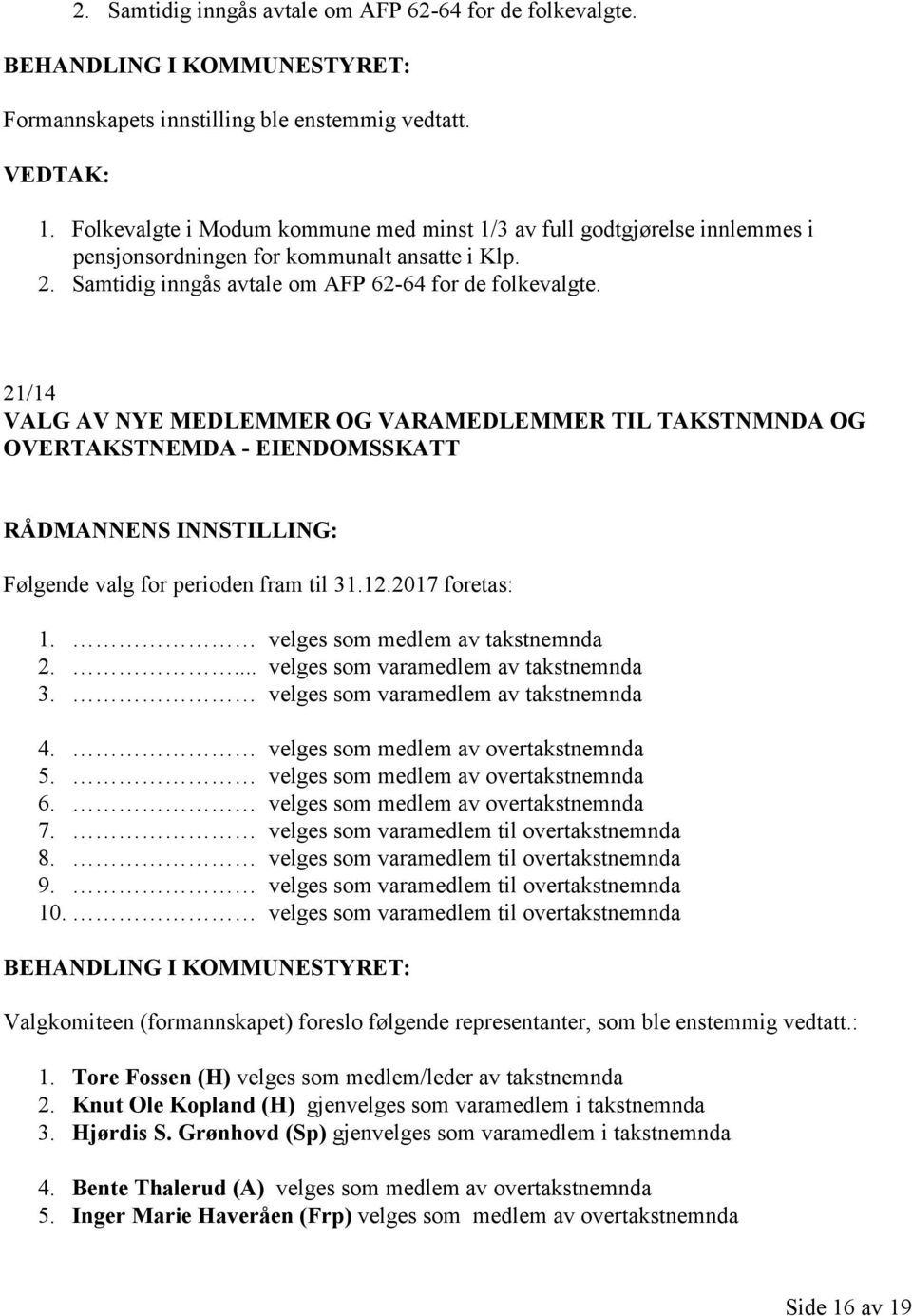 21/14 VALG AV NYE MEDLEMMER OG VARAMEDLEMMER TIL TAKSTNMNDA OG OVERTAKSTNEMDA - EIENDOMSSKATT Følgende valg for perioden fram til 31.12.2017 foretas: 1. velges som medlem av takstnemnda 2.