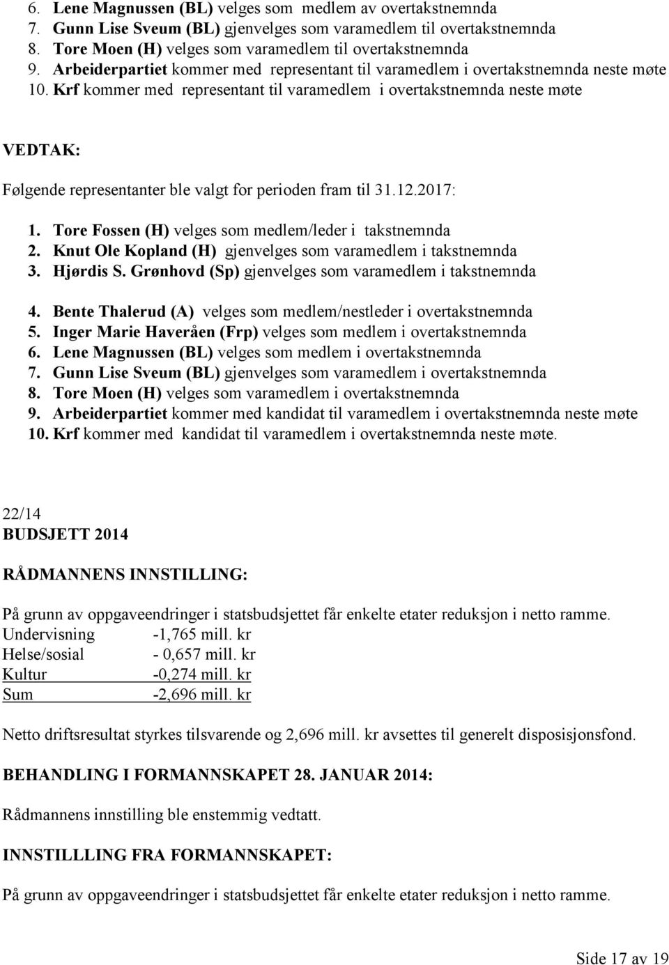 Krf kommer med representant til varamedlem i overtakstnemnda neste møte Følgende representanter ble valgt for perioden fram til 31.12.2017: 1. Tore Fossen (H) velges som medlem/leder i takstnemnda 2.