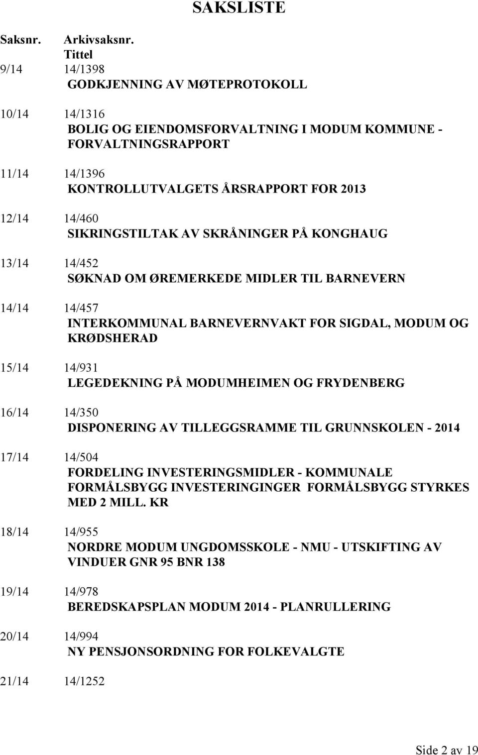 SIKRINGSTILTAK AV SKRÅNINGER PÅ KONGHAUG 13/14 14/452 SØKNAD OM ØREMERKEDE MIDLER TIL BARNEVERN 14/14 14/457 INTERKOMMUNAL BARNEVERNVAKT FOR SIGDAL, MODUM OG KRØDSHERAD 15/14 14/931 LEGEDEKNING PÅ