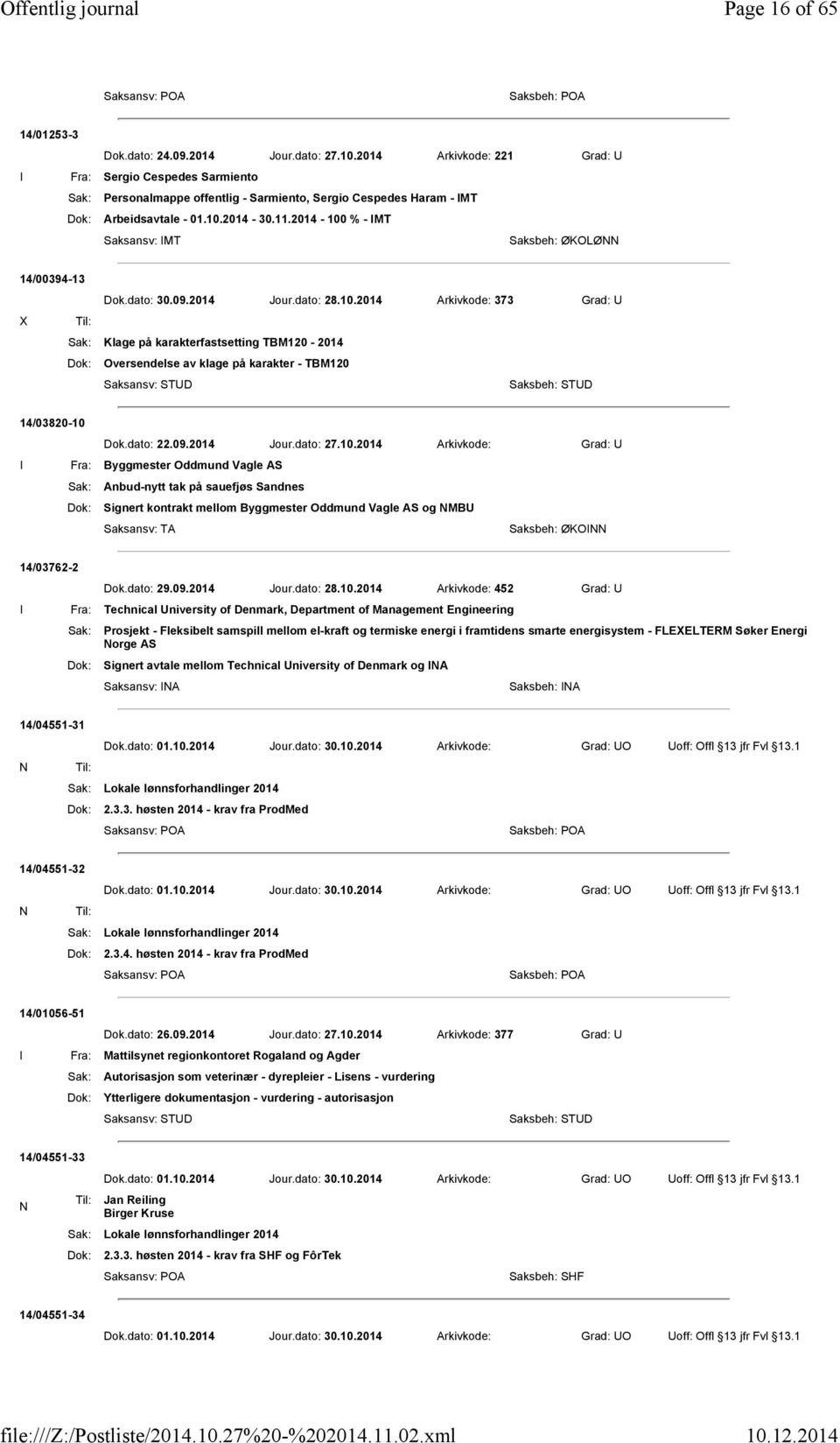 2014-100 % - IMT Saksansv: IMT 14/00394-13 Dok.dato: 30.09.2014 Jour.dato: 28.10.2014 Arkivkode: 373 Grad: U Sak: Klage på karakterfastsetting TBM120-2014 Dok: Oversendelse av klage på karakter - TBM120 14/03820-10 Dok.