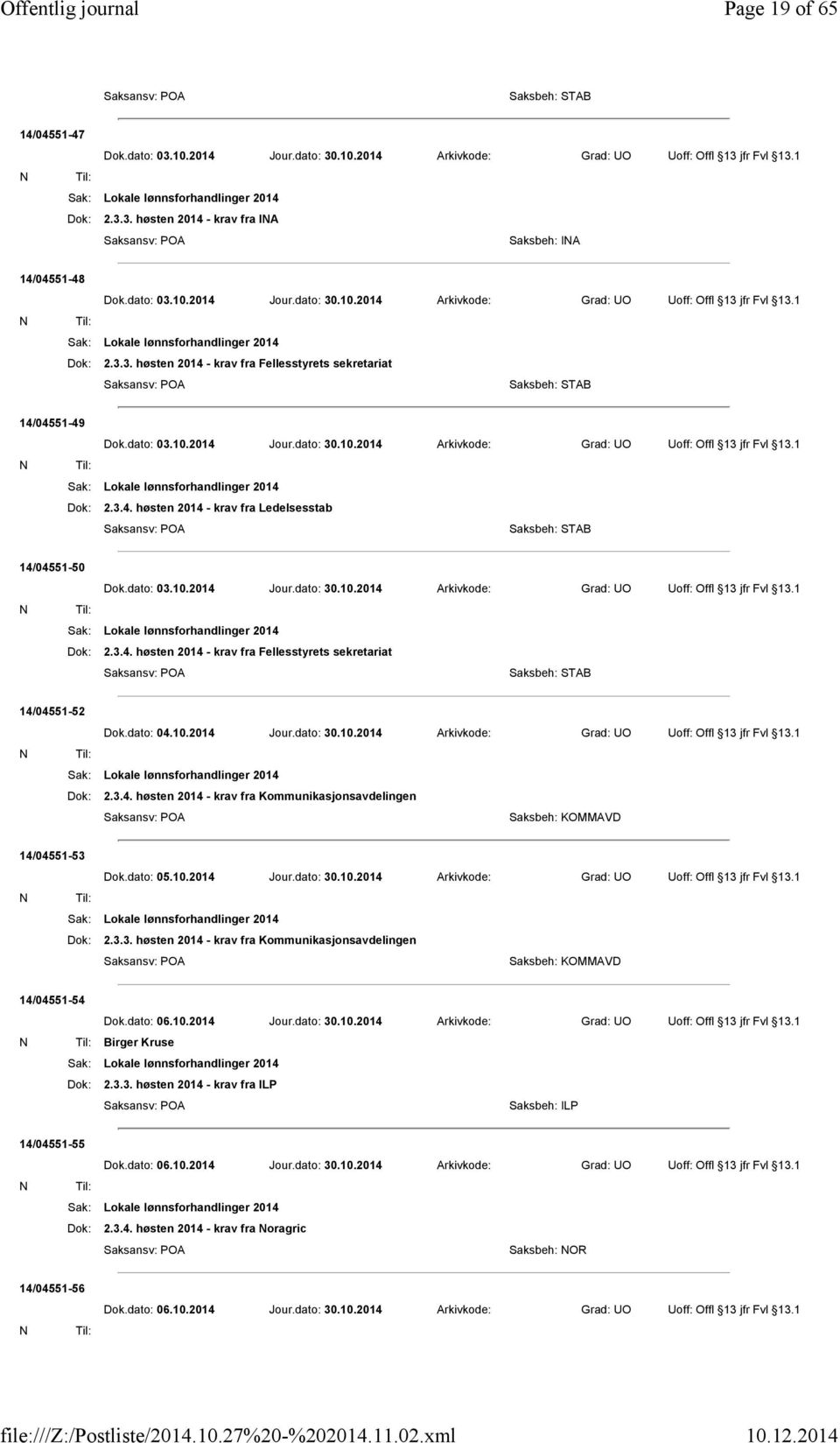 dato: 03.10.2014 Jour.dato: 30.10.2014 Arkivkode: Grad: UO Uoff: Offl 13 jfr Fvl 13.1 Dok: 2.3.4. høsten 2014 - krav fra Fellesstyrets sekretariat Saksbeh: STAB 14/04551-52 Dok.dato: 04.10.2014 Jour.dato: 30.10.2014 Arkivkode: Grad: UO Uoff: Offl 13 jfr Fvl 13.1 Dok: 2.3.4. høsten 2014 - krav fra Kommunikasjonsavdelingen Saksbeh: KOMMAVD 14/04551-53 Dok.