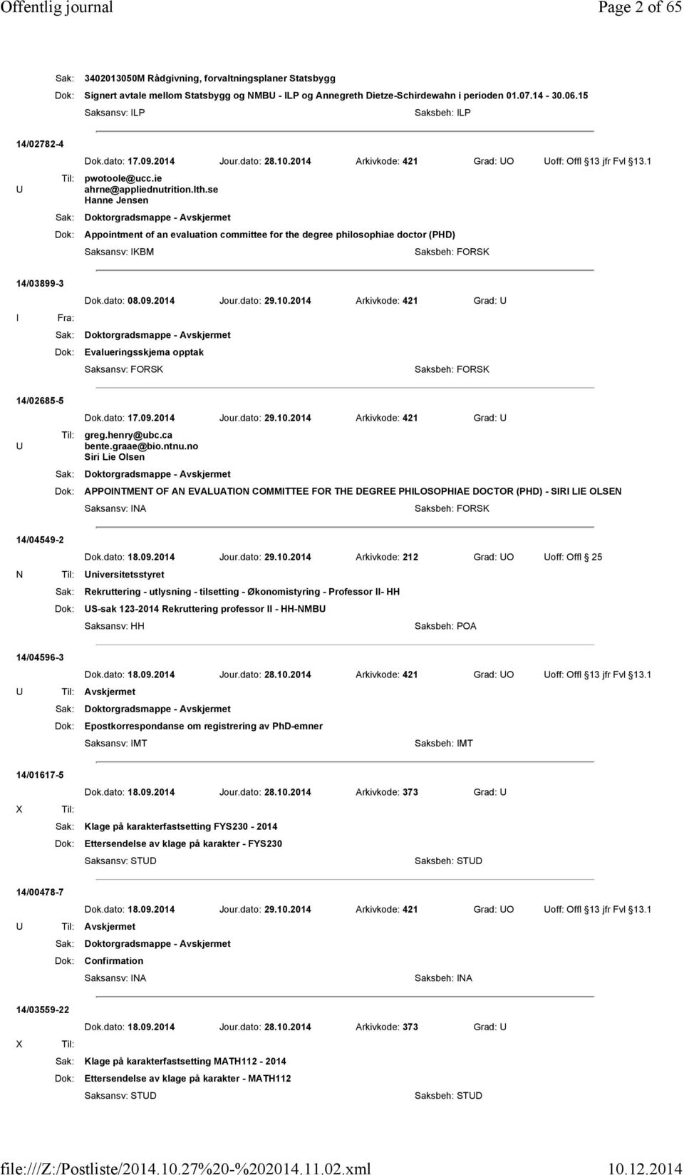 se Hanne Jensen Sak: Doktorgradsmappe - Avskjermet Dok: Appointment of an evaluation committee for the degree philosophiae doctor (PHD) Saksansv: IKBM Saksbeh: FORSK 14/03899-3 Dok.dato: 08.09.