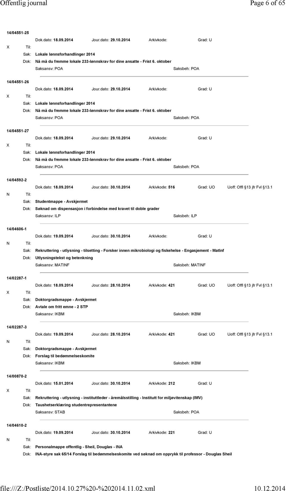 1 Sak: Studentmappe - Avskjermet Dok: Søknad om dispensasjon i forbindelse med kravet til doble grader Saksansv: ILP Saksbeh: ILP 14/04606-1 Dok.dato: 19.09.2014 Jour.dato: 30.10.